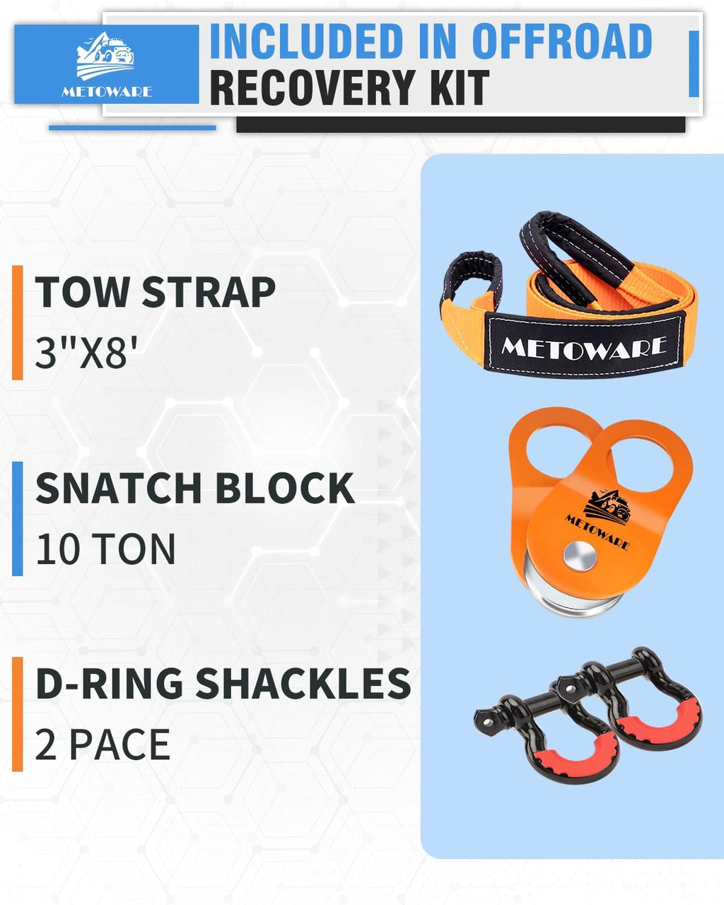 METOWARE Offroad Recovery Kit - 10 Ton Heavy Duty Winch Snatch Block Pulley, 3" x8' Tree Saver Strap and 2pk 3/4" D Ring Shackles