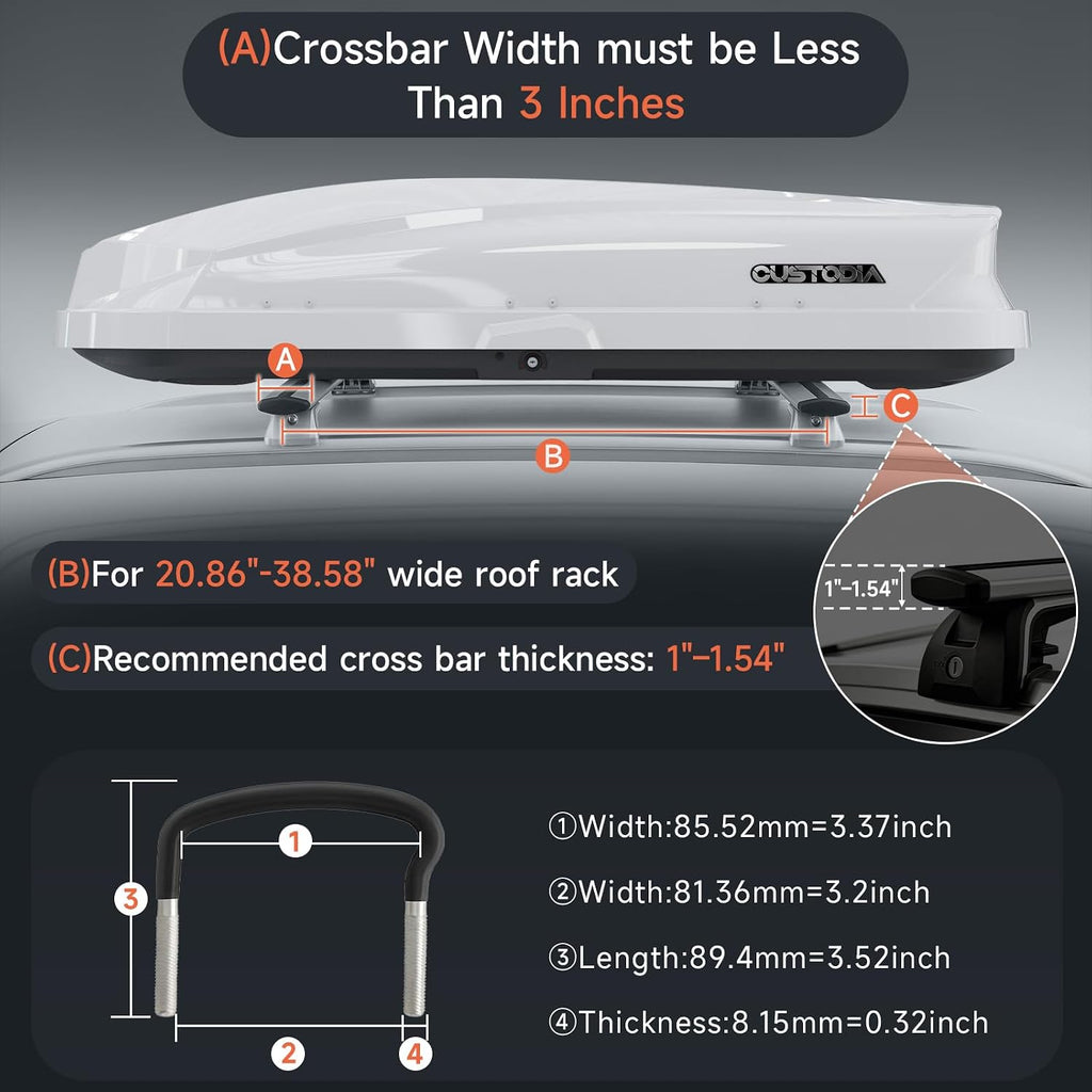 14 Cu Ft Cargo Box, Hard Shell Roof Carrier, Double-Side Opening, White | Fits most crossbars Dual-side opening Secure locking system ABS material For outdoor and travel gear