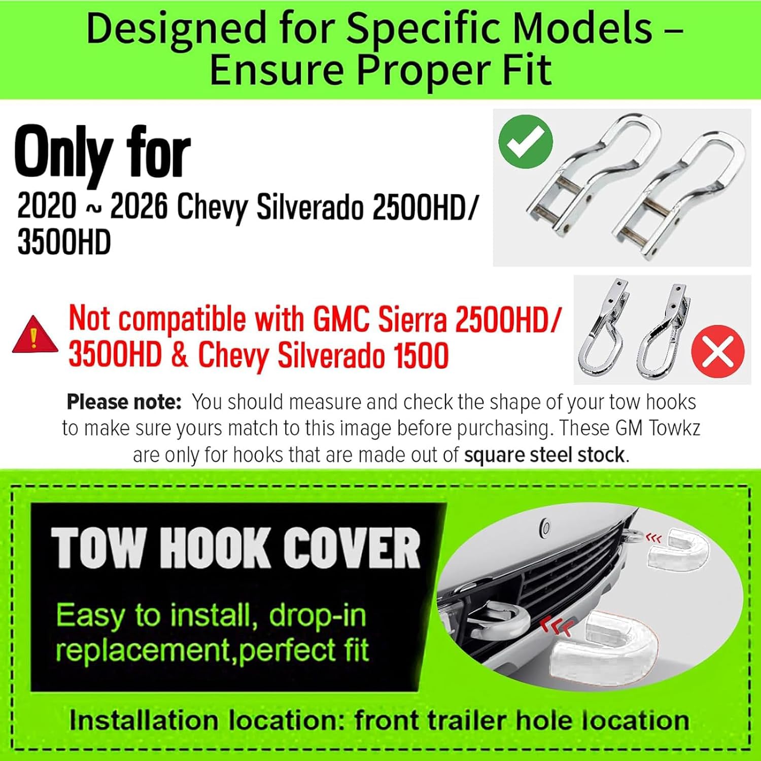 Front Tow Hook Cover for 2020-2026 Chevy Silverado 2500 HD 3500 HD, Silverado 2500HD Accessories, Tow Hook Covers, Chevy 2500HD Accessories, Heavy Duty Parts, Silicone, White (2 Pack)