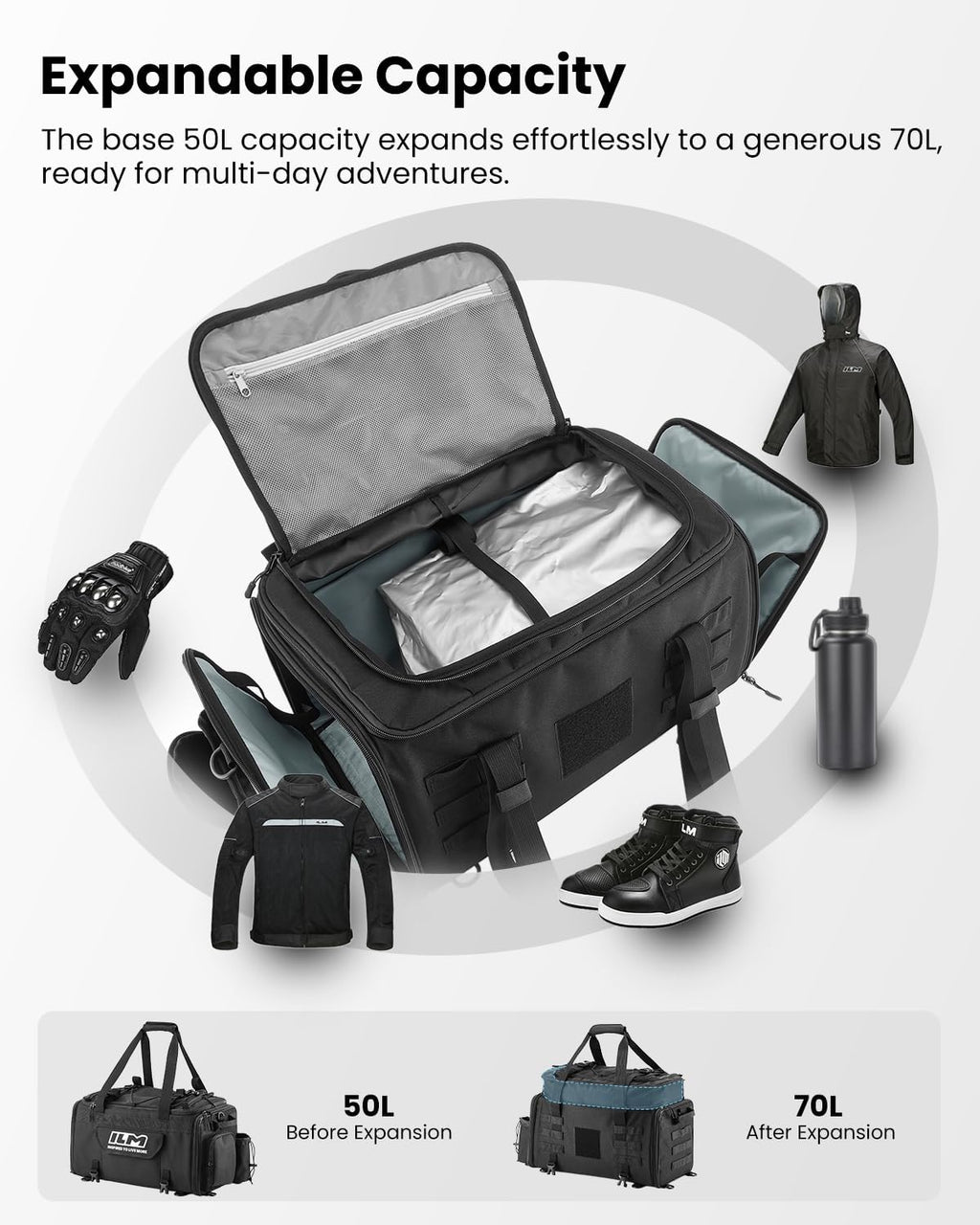 ILM Motorcycle Tail Bag 50-70L Travel Luggage Motorbike Rear Rack Trunk Shoulder Backpack with Rain Cover Model BL02