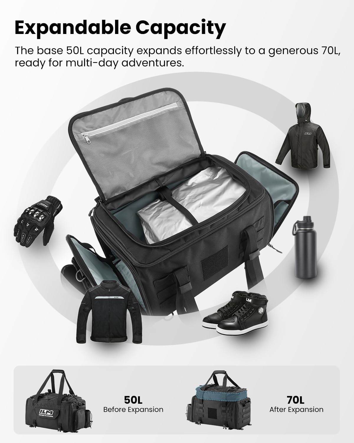 ILM Motorcycle Tail Bag 50-70L Travel Luggage Motorbike Rear Rack Trunk Shoulder Backpack with Rain Cover Model BL02