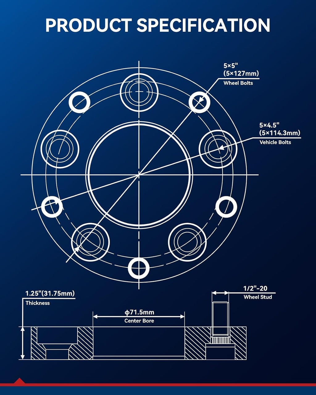 KAX 5x4.5 to 5x5 Wheel Adapters, Forged 1.25“ Adapters with Thread Pitch 1/2“x20 Hub Bore 71.5mm(Bolts Pattern Changed),fit for Explorer, Edge, Ranger, Mustang, Liberty, Wrangler,Black,Not Hubcentric