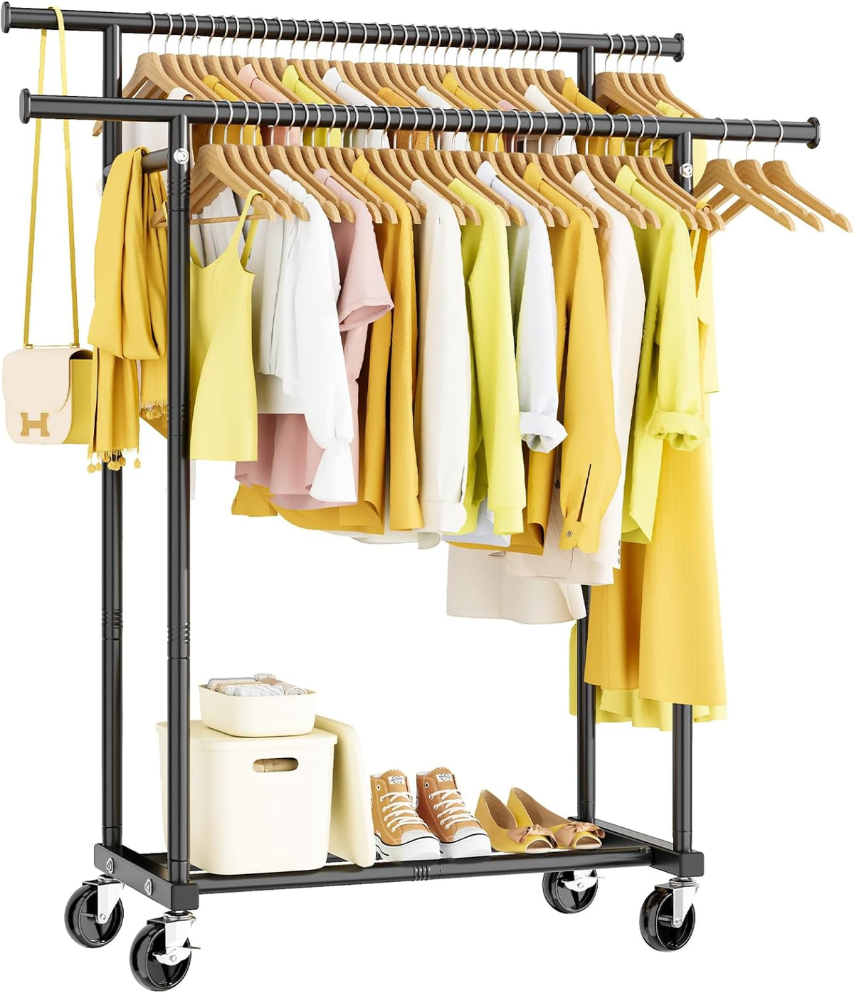 hyseyy double rods clothes rack, rolling clothing rack, main product view