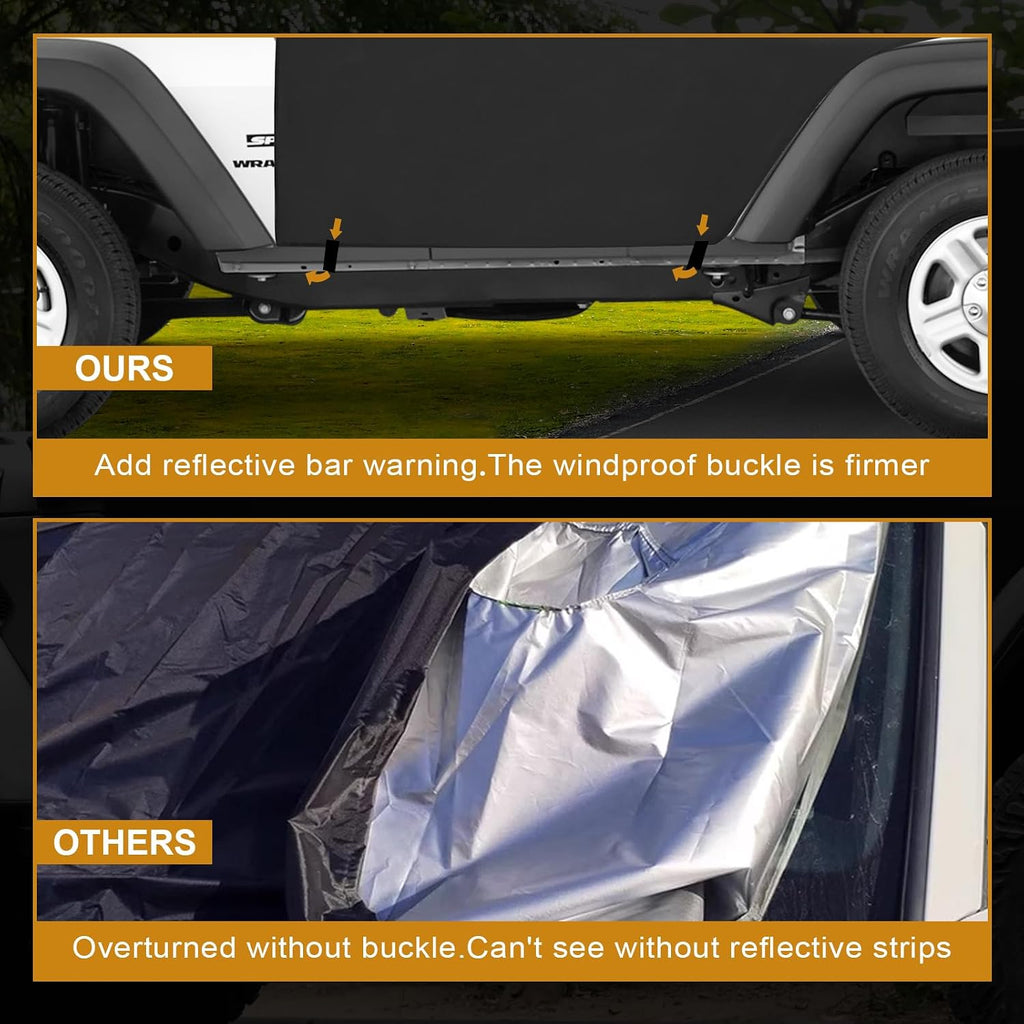 MAIKER OFF ROAD 600D Cab Cover Windproof Sunshade Cover Compatible with Jeep Wrangler JK JL 2-Door 2007-2024, 6-Layer Protection Frost Wiper & Mirror Covers Protect from Sunshine, UV, Snow, Rain