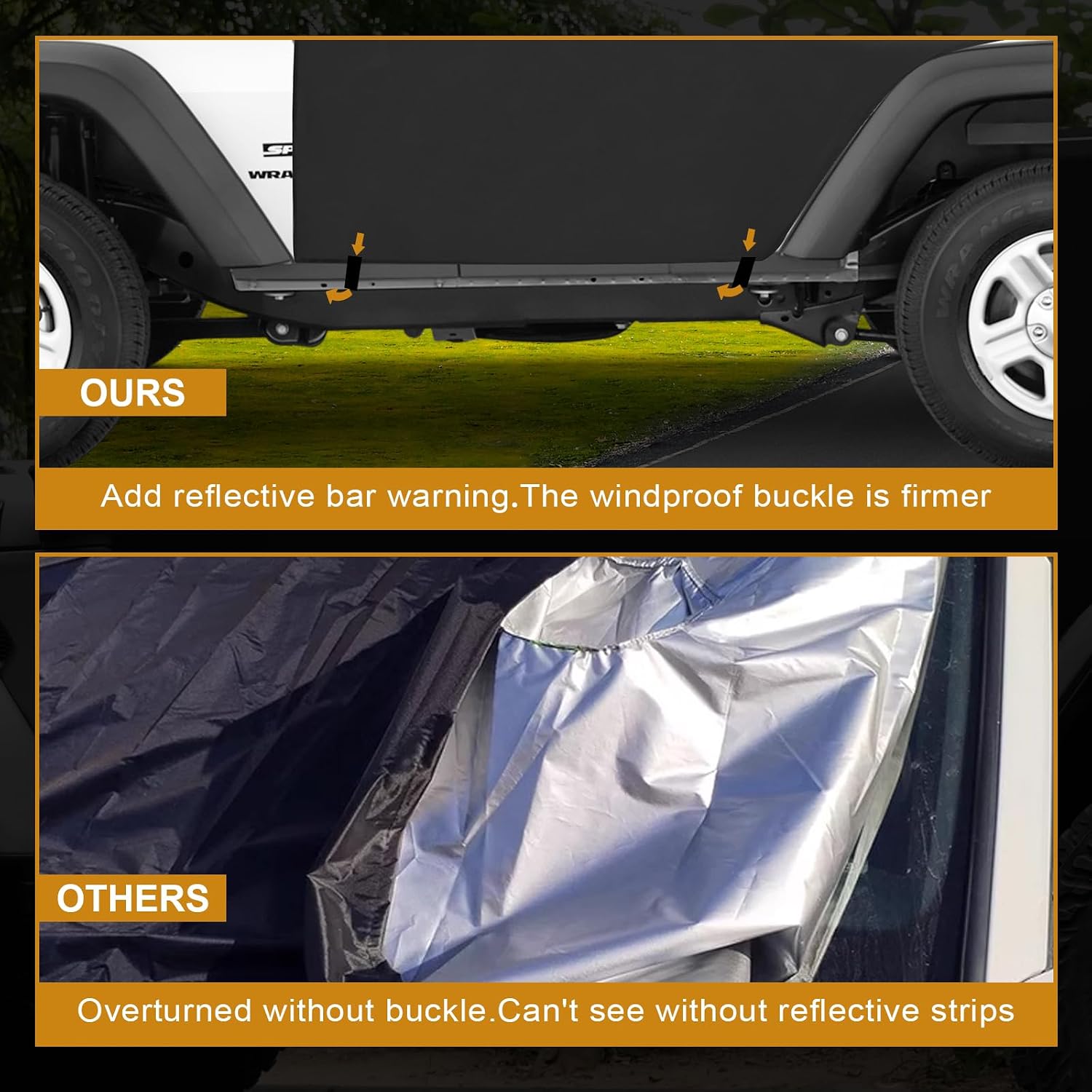 MAIKER OFF ROAD 600D Cab Cover Windproof Sunshade Cover Compatible with Jeep Wrangler JK JL 2-Door 2007-2024, 6-Layer Protection Frost Wiper & Mirror Covers Protect from Sunshine, UV, Snow, Rain