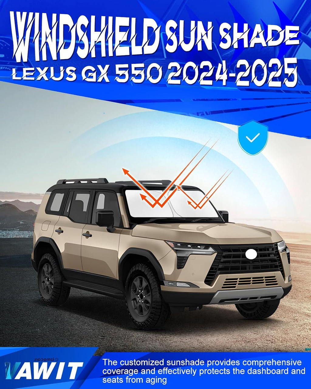 Car Windshield Sun Shade Compatible for 2024 2025 2026 Le-xus GX 550 Accessories, Foldable Window Sunshade Block UV Rays and Sun Heat