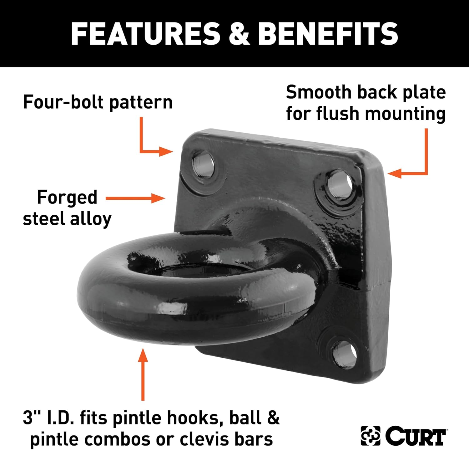 CURT 48560 Black Steel Pintle Hitch Lunette Ring, 3-Inch Inside Diameter, 60,000 lbs., 4-1/2-Inch Bolt Pattern