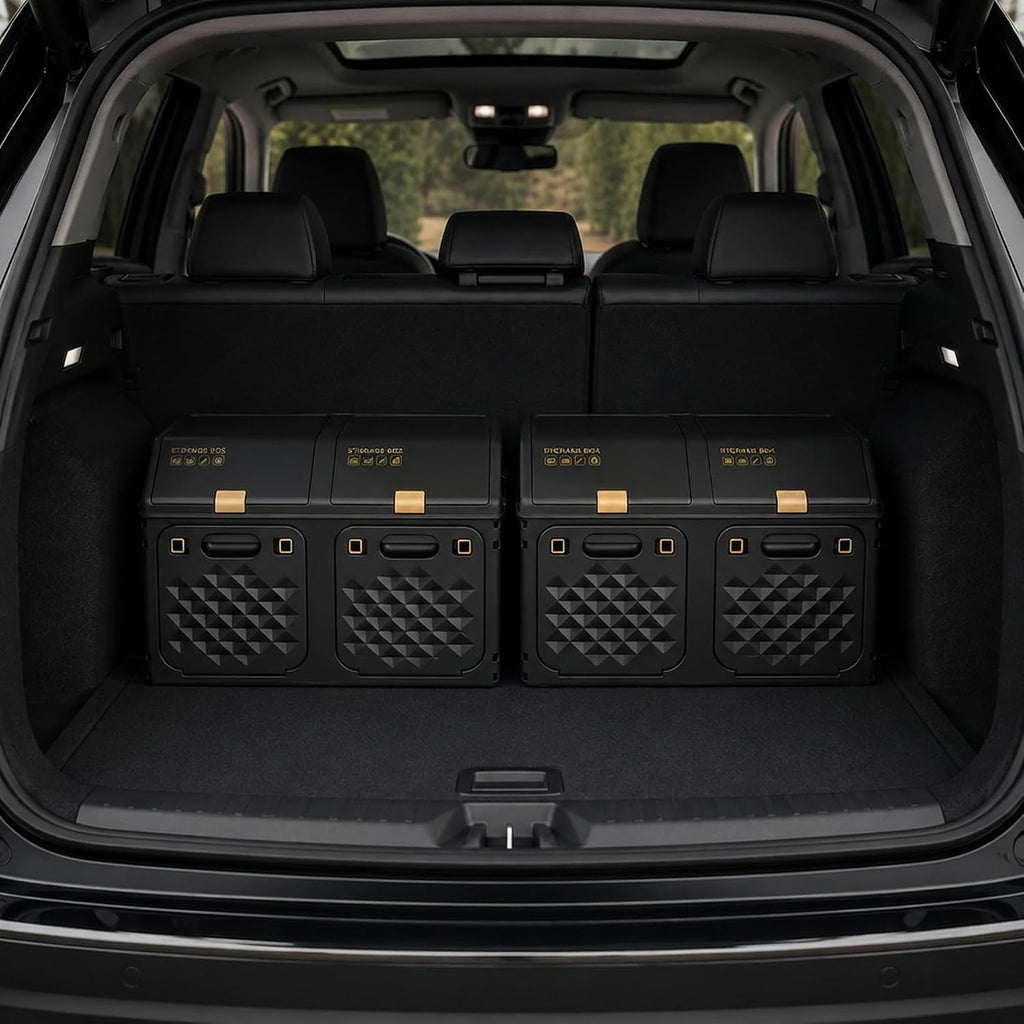 Hard Shell Trunk Organizer for SUV, Foldable Car Storage Box with 2 Compartments, Collapsible Cargo Organizer with Lid & Side Handles for Road Trips, Shoes, Groceries, Sports Gear, Garage Storage