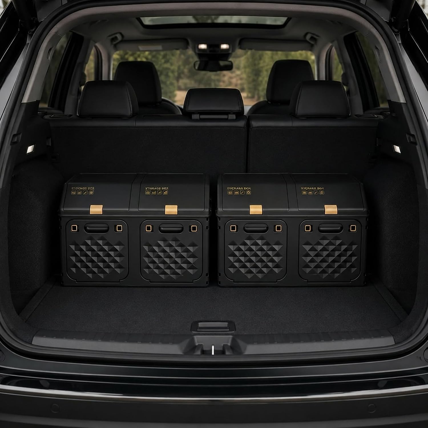 Hard Shell Trunk Organizer for SUV, Foldable Car Storage Box with 2 Compartments, Collapsible Cargo Organizer with Lid & Side Handles for Road Trips, Shoes, Groceries, Sports Gear, Garage Storage