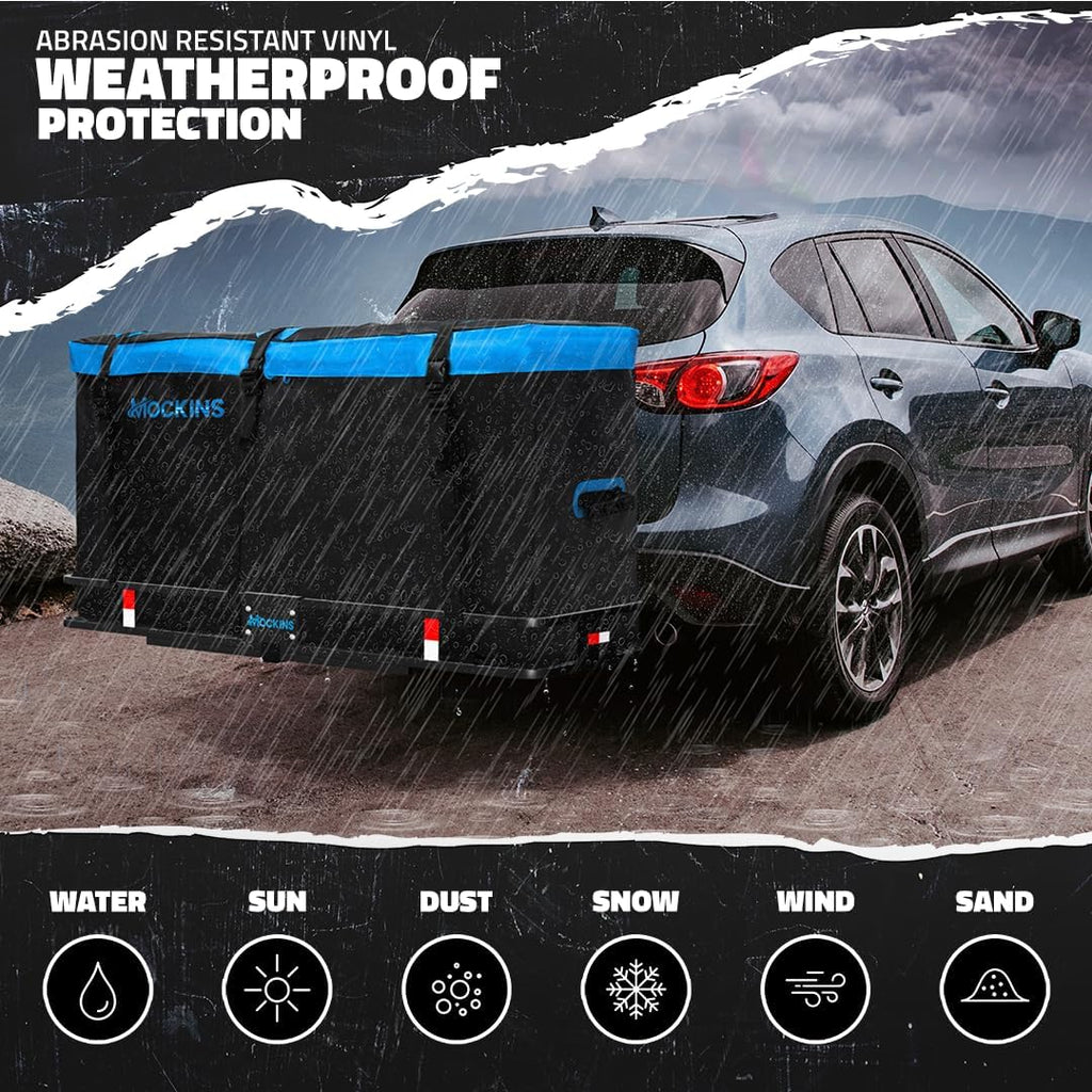 Mockins 25 Cu Ft Large Weatherproof Trailer Hitch Cargo Carrier Bag Set | 60"x24"x31" Waterproof Cargo Bag for Hitch Carrier & Truck Bed | Vinyl Vehicle Soft-Shell Carriers w/ Straps, Lock & Case