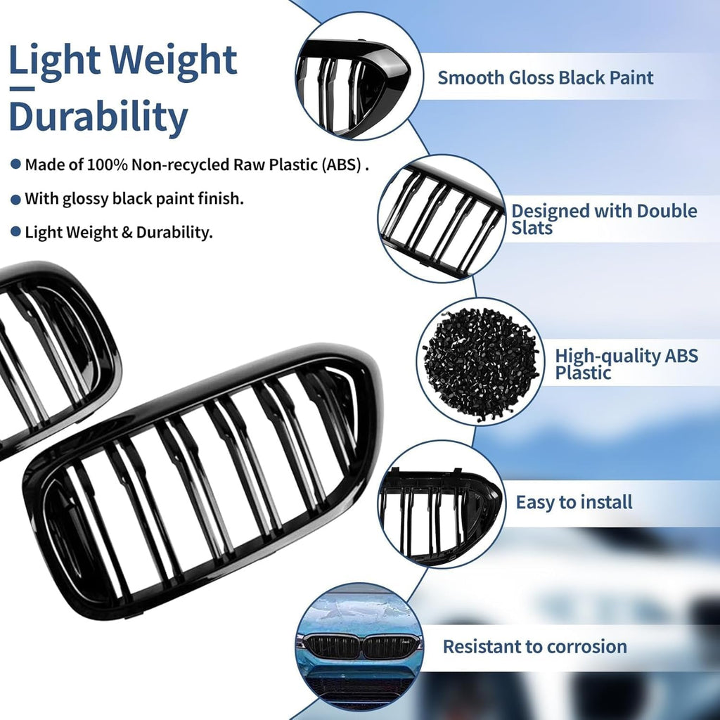G30 Grille, Black Front Kidney Grille Grill Compatible with BMW 2017-2020 5 Series G30 M5 530e 530i 540i 550i, Gloss Black Double Slats