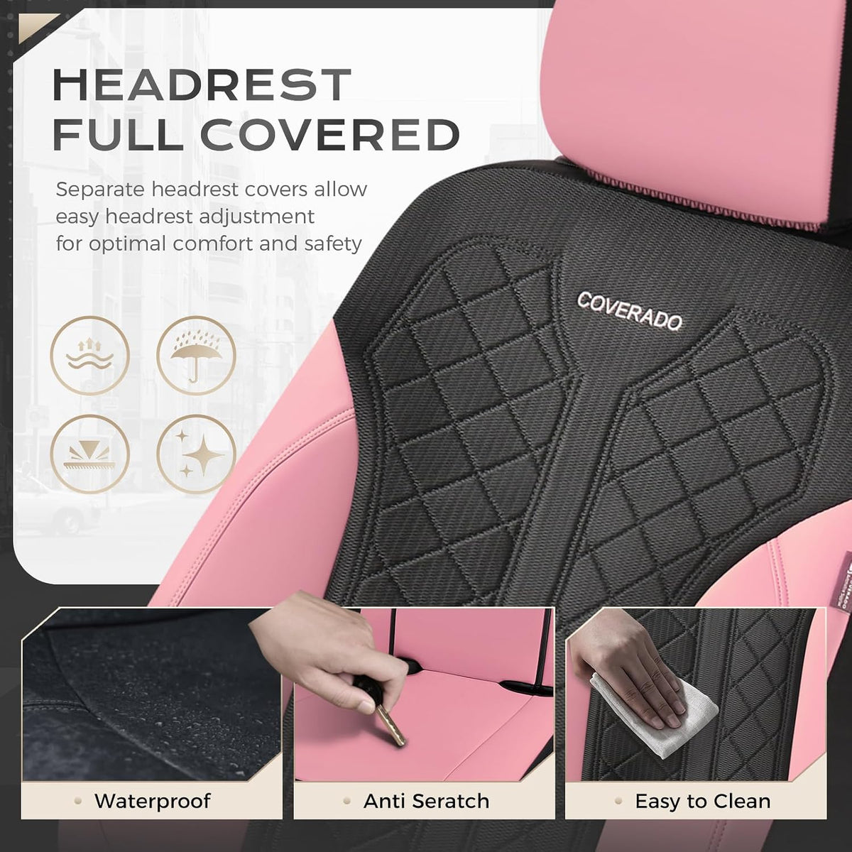 coverado automotive seat covers full set, luxury car, front angle view