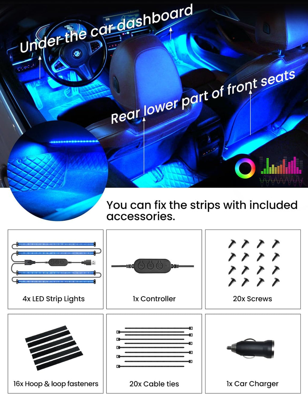 Pak Car LED Lights, Smart RGB 48 LED Car Interior Light with APP Control, Under Dash Car Strip Lights, Music Mode, DIY Mode, 2 Lines Design with Car Charger, Ambient Lighting for Cars, SUVs, Trucks