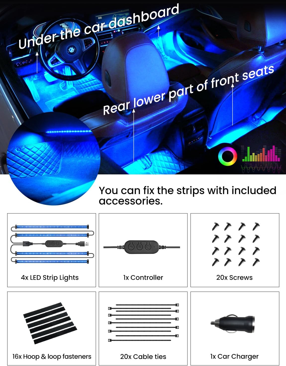 Pak Car LED Lights, Smart RGB 48 LED Car Interior Light with APP Control, Under Dash Car Strip Lights, Music Mode, DIY Mode, 2 Lines Design with Car Charger, Ambient Lighting for Cars, SUVs, Trucks