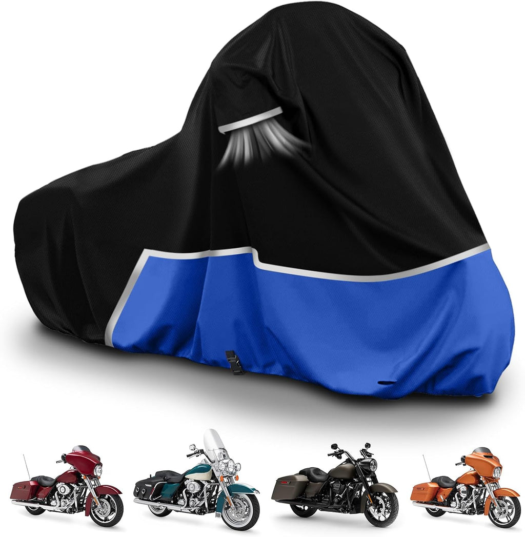 Waterproof Motorcycle Cover Compatible with Harley Davidson Electra Glide/Road King/Street Glide/CVO Road Touring Without Trunk Models, 420D Oxford Cloth Cover for Snow Rain Dust Protection