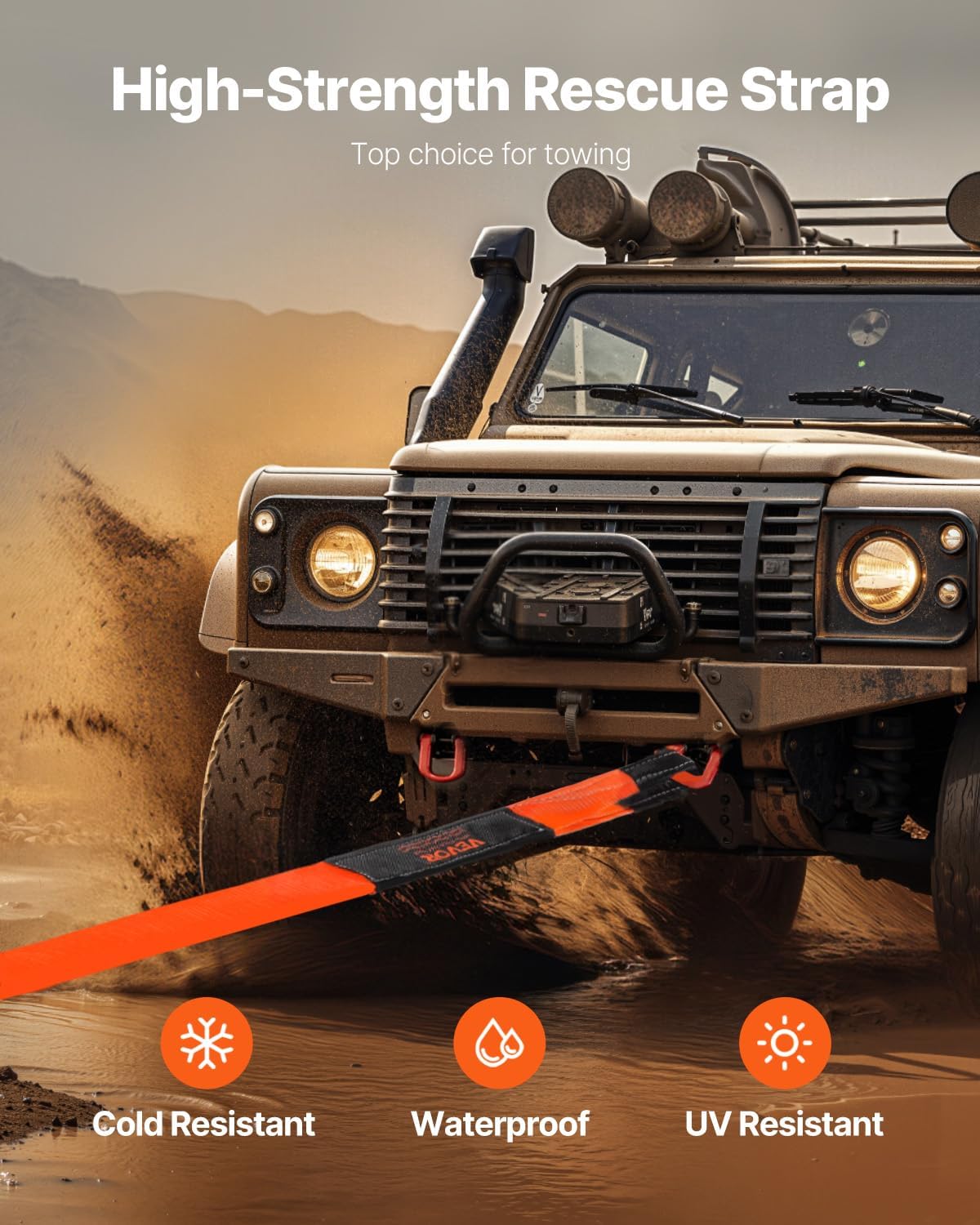 VEVOR Recovery Tow Strap 3 inches, 8 feet 36,000 lbs Break Strength, Triple Reinforced Loop Straps, Tree Saver, Winch Line Extension Strap, Off Road Towing and Recovery, Extreme Weather Resistance