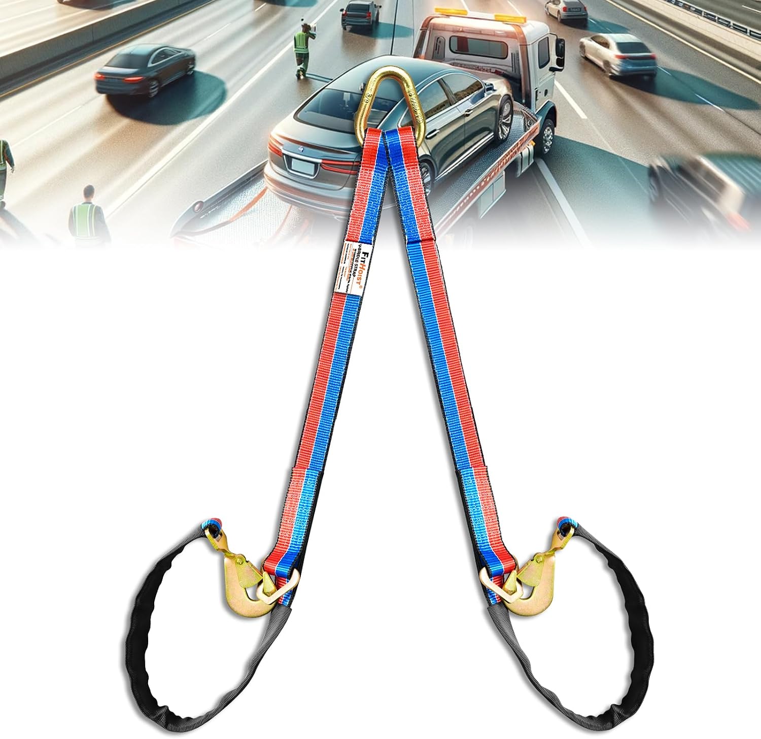 V-Bridle Tow Strap(Red&Blue) 2" x 4' with Snap Hooks, Cordura Sleeve, and Axle Straps, D-Ring for Enhanced Stability, Recovery Strap 5500lbs Load for Car Towing, Rollback, Flatbed, Tow Truck