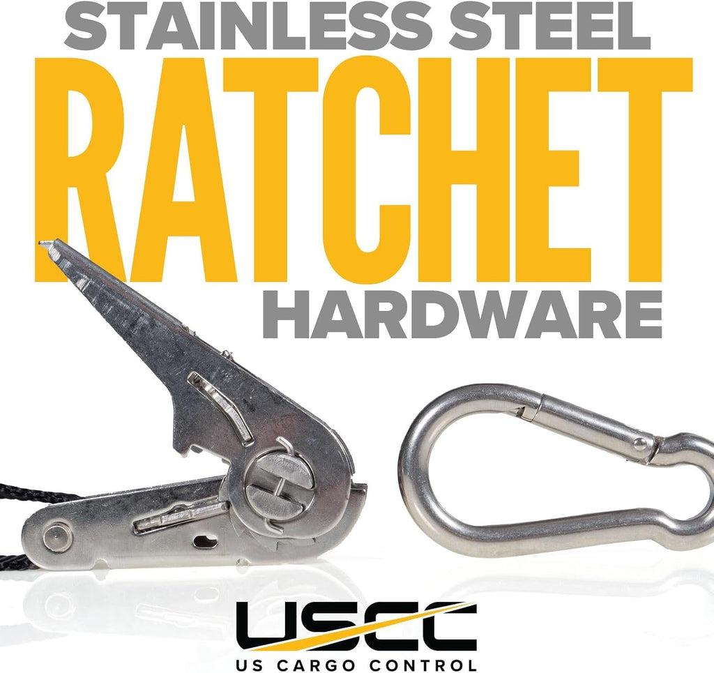US Cargo Control Stainless Steel Ratchet Straps with Carabiner Hooks 1" X 10' (10 Pack), 500 LBS Break Strength, Marine Tie Down Straps for Boats, ATVs, Trees, Camping, Snow, Saltwater Applications