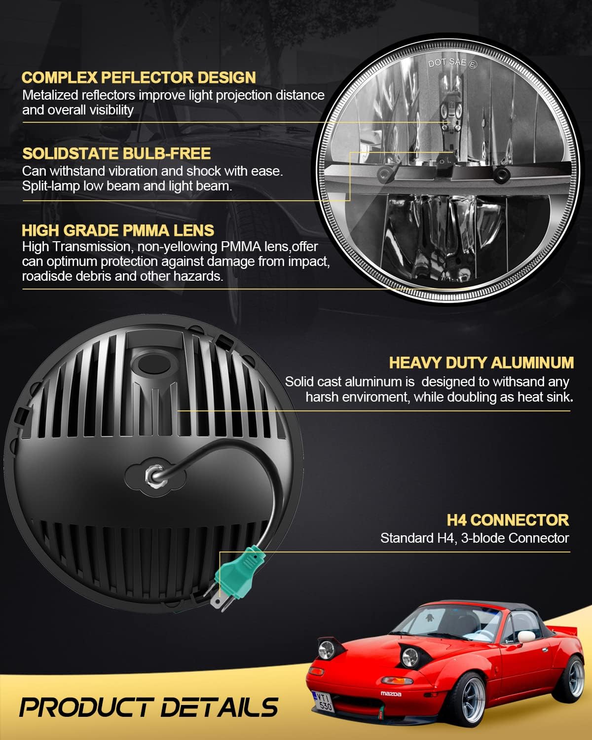 UNI-SHINE 2PCS 7-Inch LED Headlights - DOT Approved, Hi/Lo Beam, Compatible with Jeep Wrangler, Chevy, and Miata - Plug and Play