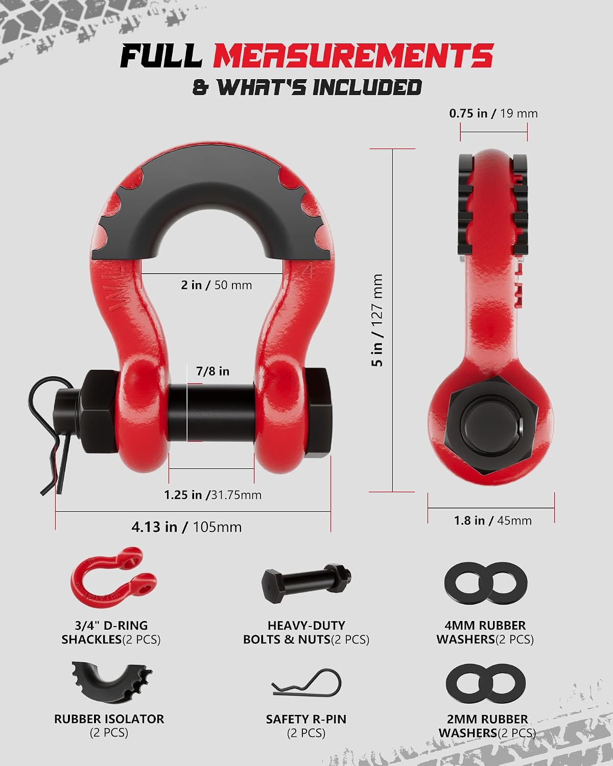 Shackles 3/4 Inch D Ring Shackle (2 Pack) 41,887lb Break Strength with 7/8 Inch Pin, Isolator and Washer Kits for Use with Tow Strap, Winch, Off-Road Jeep Truck Vehicle Recovery, Red
