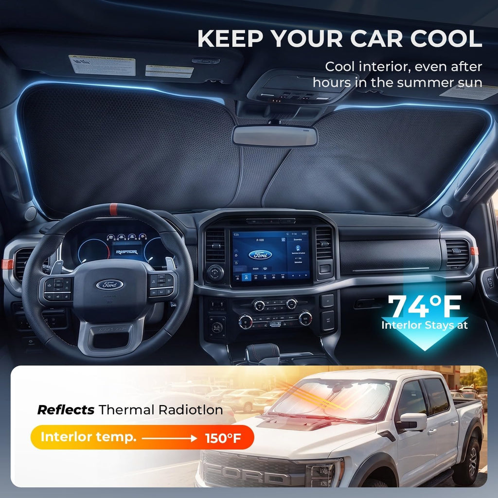 [2026 Upgraded] DooGooCoo Windshield Sun Shade for GMC Sierra 1500 2500 3500 2014-2025 2026 [Cooling Ice-Crystal, 100% Sun Block] Sunshade for Car Windshield for Truck Sierra, Custom for Sierra Front.
