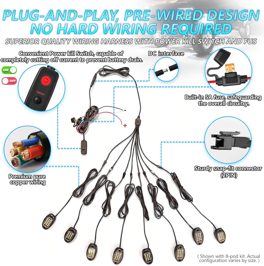 20Pods All Pure White LED Rock Lights Full Kit Plug and Play & Pre Wired 6500K with Switch Wiring Harness Extension Fuse Long Wires, 300Chips Waterproof Underglow 12V for Semi Trucks Pickup Offroad