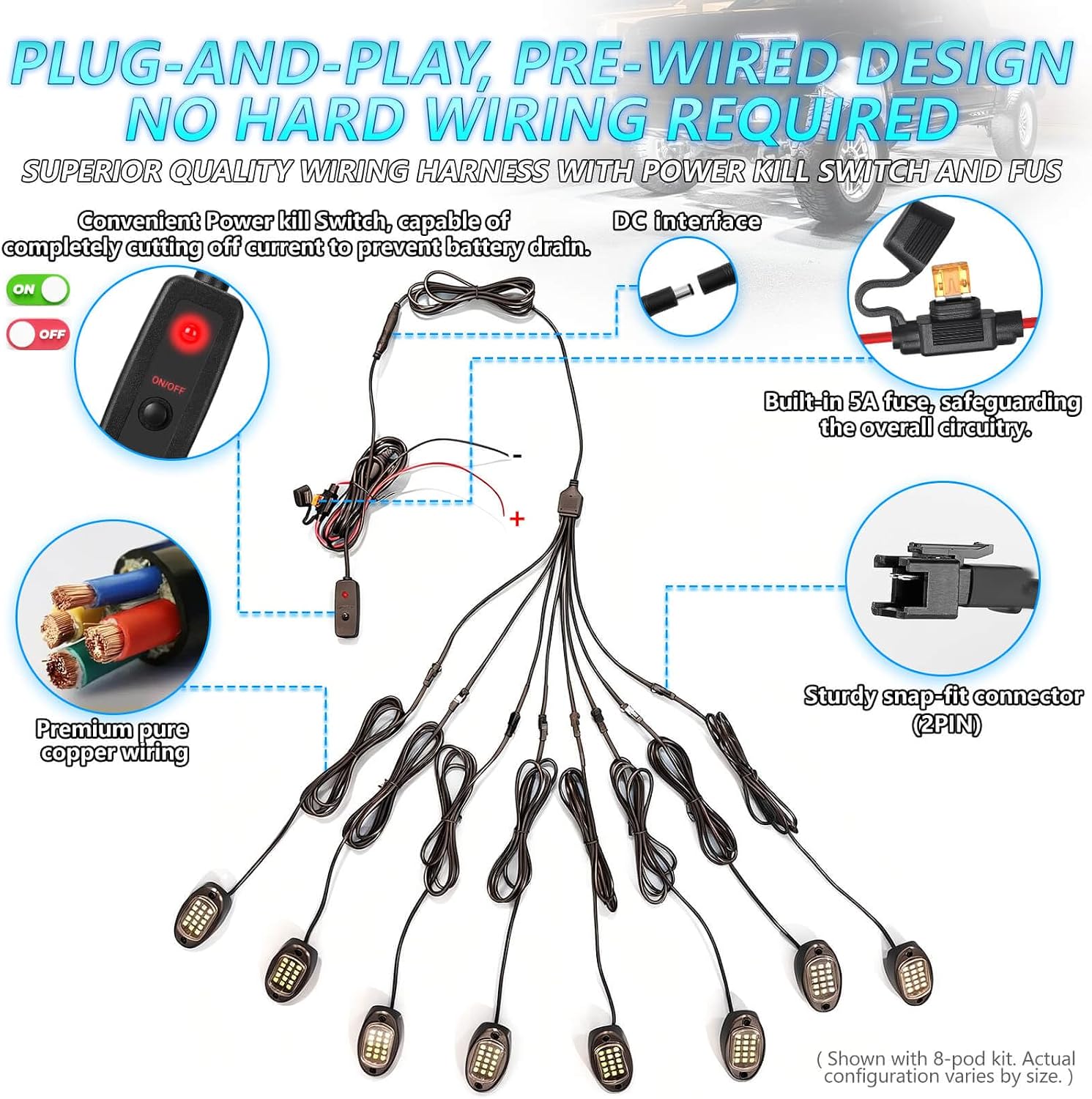 20Pods All Pure White LED Rock Lights Full Kit Plug and Play & Pre Wired 6500K with Switch Wiring Harness Extension Fuse Long Wires, 300Chips Waterproof Underglow 12V for Semi Trucks Pickup Offroad