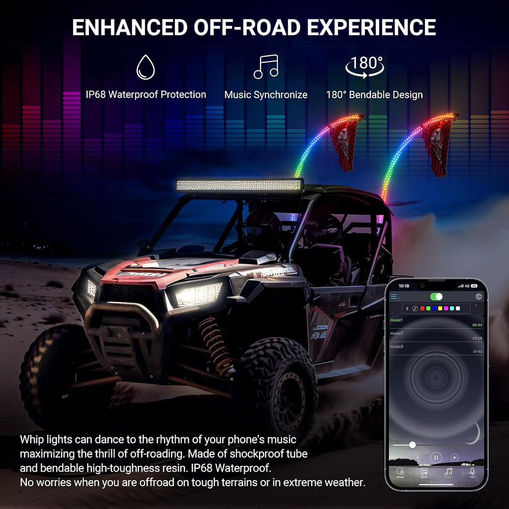 Ehaho 2PCS 3FT Whip Lights for UTV ATV, Spring Base, Tri-Brighter, 6 Flags | Spiral Chasing Led Whip Light, W/Rocker Switch, 366 Patterns, APP & Remote Control Lighted Antenna Whip for RZR SXS Can-Am