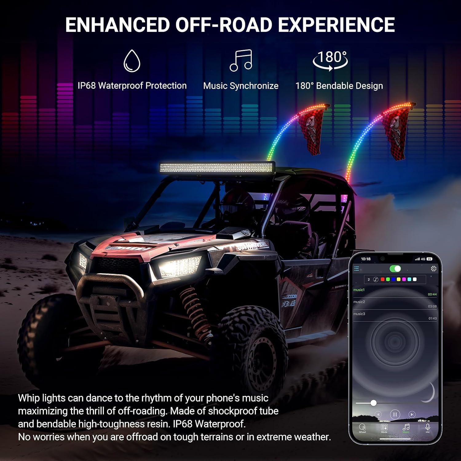 Ehaho 2PCS 3FT Whip Lights for UTV ATV, Spring Base, Tri-Brighter, 6 Flags | Spiral Chasing Led Whip Light, W/Rocker Switch, 366 Patterns, APP & Remote Control Lighted Antenna Whip for RZR SXS Can-Am
