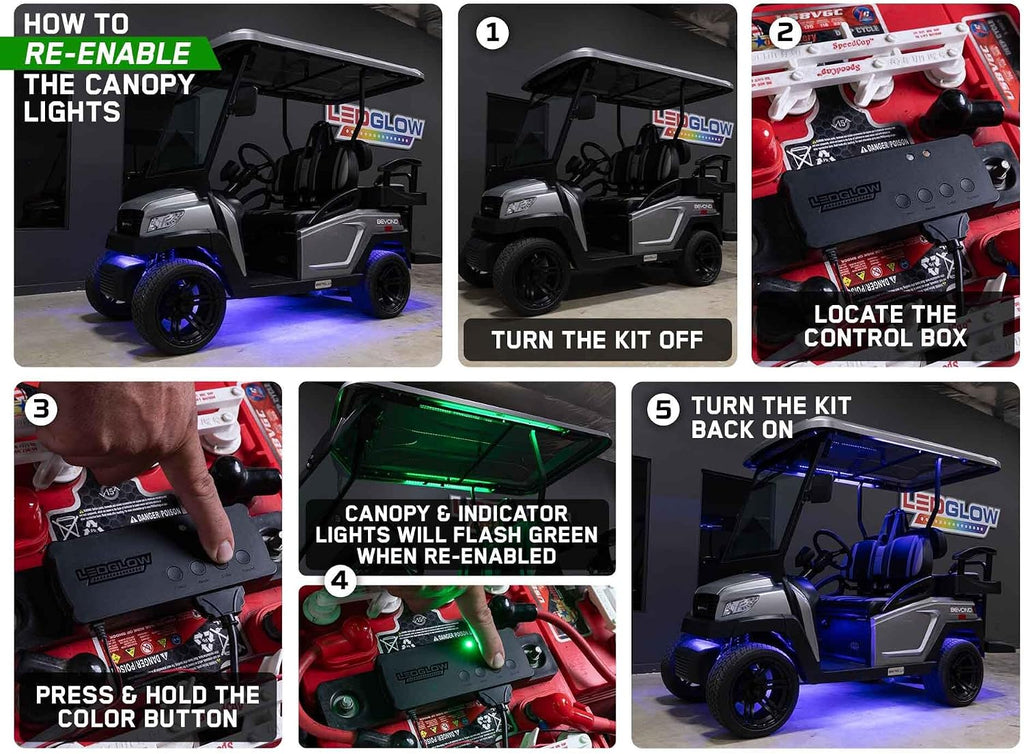 LEDGlow 12pc Million Color LED 6-Seater Limo Golf Cart Underglow Neon Lighting Kit w/Canopy & Wheel Well Lights Fits EZGO, Yamaha, Club Car, ICON, Evolution, Tomblerin, Star EV - for 12-Volt Battery