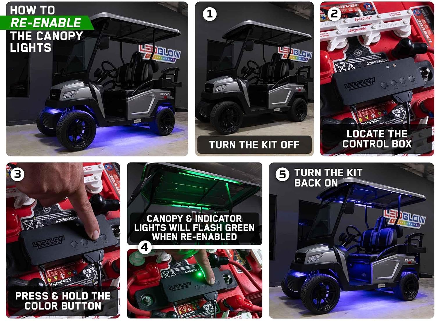 LEDGlow 12pc Million Color LED 6-Seater Limo Golf Cart Underglow Neon Lighting Kit w/Canopy & Wheel Well Lights Fits EZGO, Yamaha, Club Car, ICON, Evolution, Tomblerin, Star EV - for 12-Volt Battery