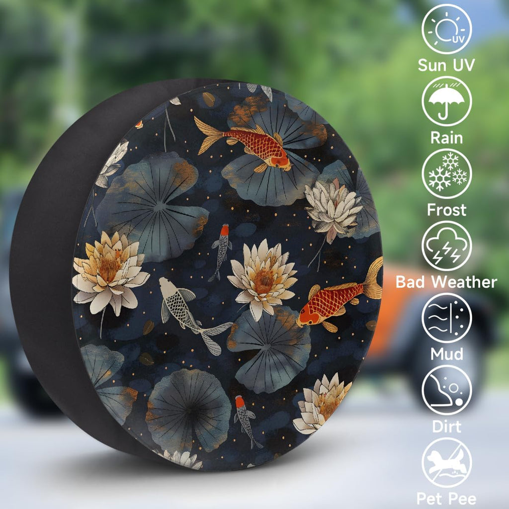 Rv Spare Tire Cover Wheel Lotus Fish Art Tire Covers Wheel Protectors Universal Fit for Camper RV SUV Truck Travel Trailer Accessories Waterproof Cover 15 inch for Diameter 27-29in