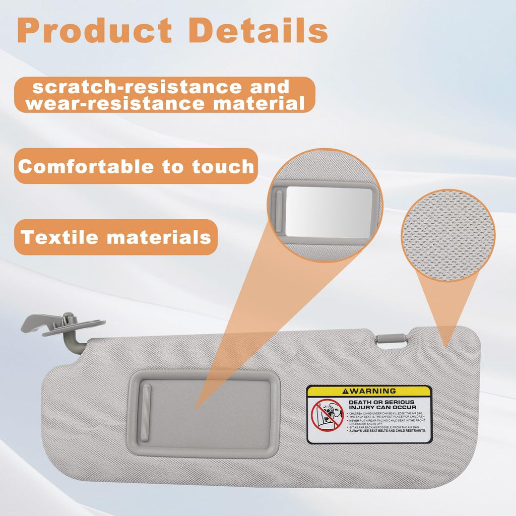 Right Passenger Side Sun Visor Compatible with 2011-2016 Hyundai Elantra (Not for GT Models) Sunvisor Replacement with Clip & Screws, Replaces# 85210-3X040-TX (Color Gray)