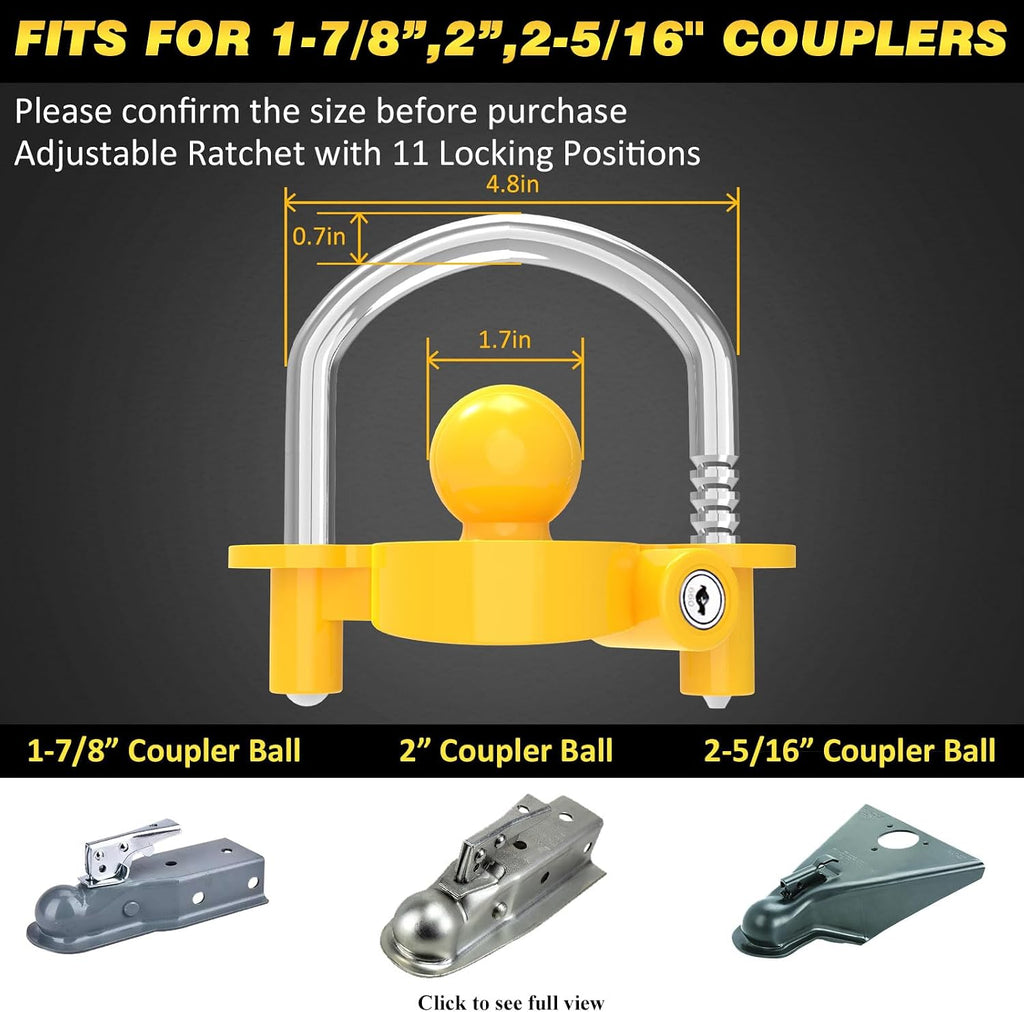 Funmit Trailer Lock Universal Coupler Ball Lock Fits 1-7/8", 2", and 2-5/16" Couplers, Boat Camper Accessories for Travel Trailers Adjustable Heavy-Duty Steel Hitch Lock Yellow