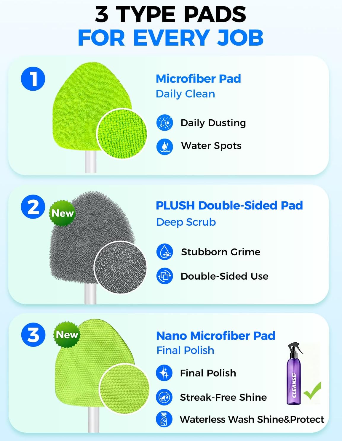 XINDELL Windshield Cleaner Tool – Car Interior Window Cleaning Kit with Extendable Handle & 4 Microfiber Pads, Auto Wiper Inside Windshield Brush for Car & Home Windows