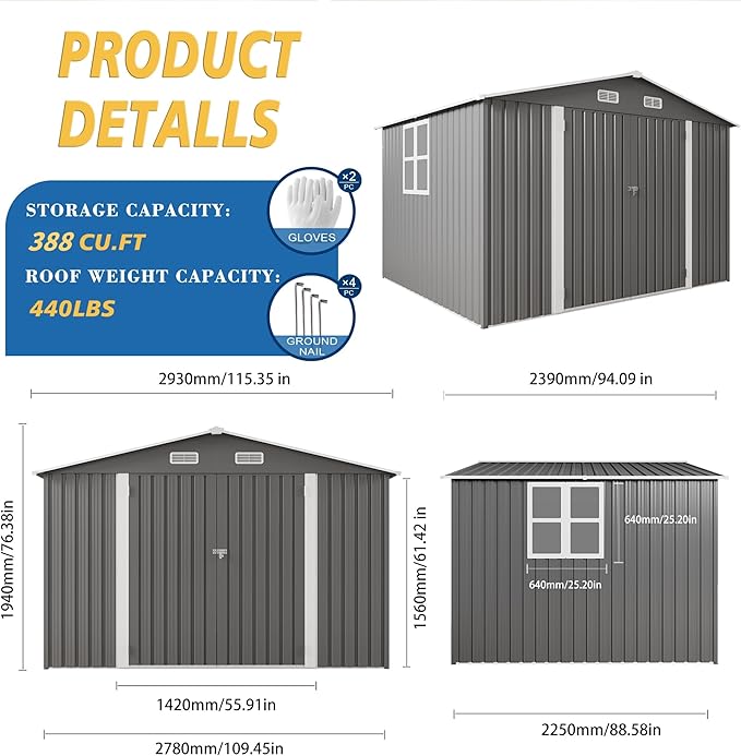 10x8x6.4FT Outdoor Storage Shed, Galvanized Steel Garden Shed - Image 7