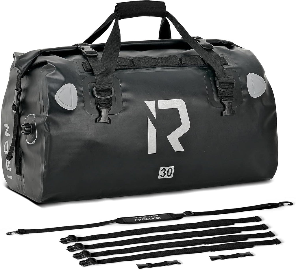 IRON JIA'S Motorcycle Dry Bag - Waterproof Duffle & Luggage Tail Bag Saddle Bags with Roll Top Closure, Shoulder Straps, Inner Pocket and Mesh Pocket (Black, 30L)