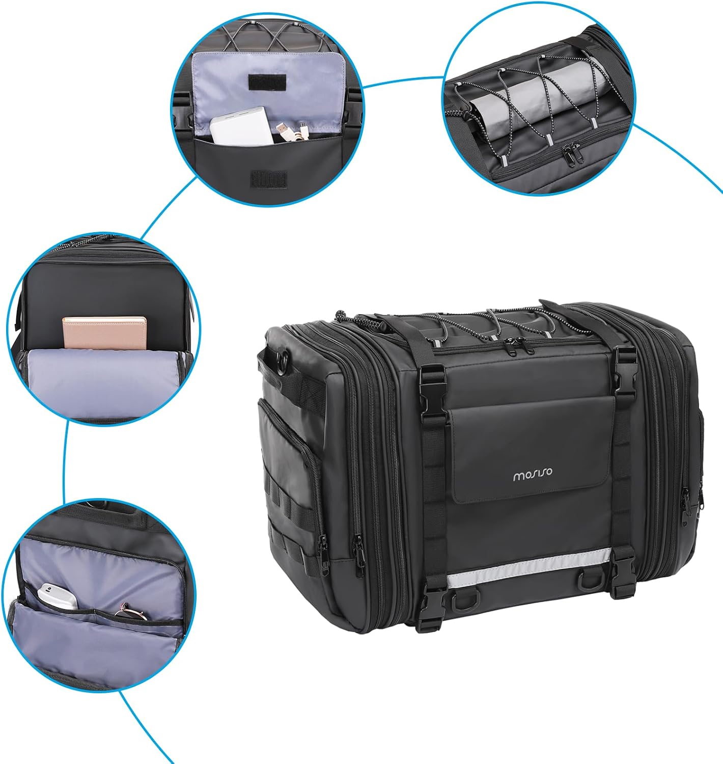 MOSISO Motorcycle Tail Bag with Expandable Capacity 32L-48L, Motorcycle Rear Seat Trunk Gear Bag with Rain Cover&Shoulder Strap, Motorbike Storage Duffle Carry Travel Luggag, Black