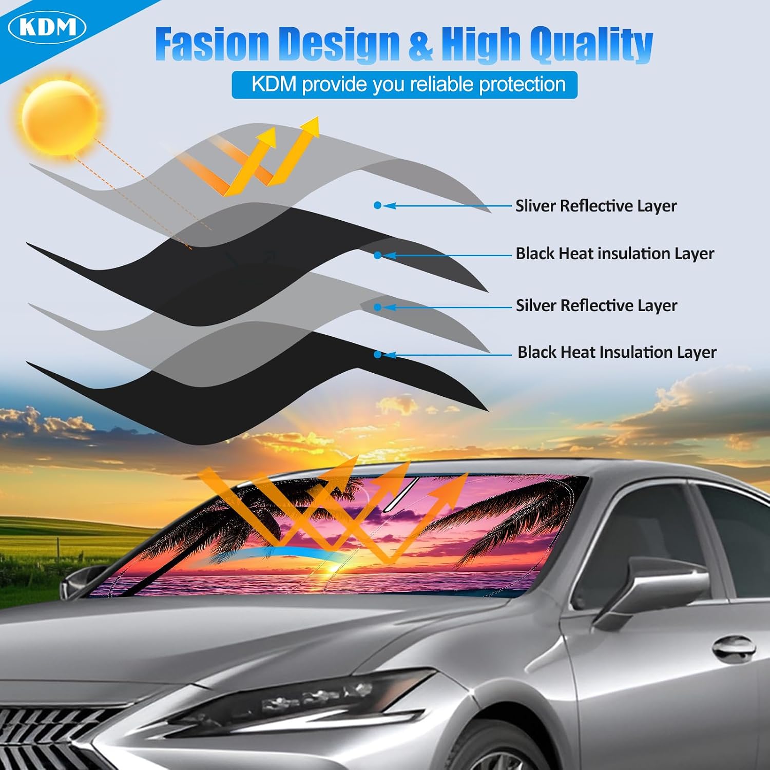KDM Sunset Beach Style Windshield Sun Shade Fit for 2010-2023 Toyo-ta 4Runner,Foldable Front Reflective Windows Sunshade Visor Protector Blocks UV Rays Heat