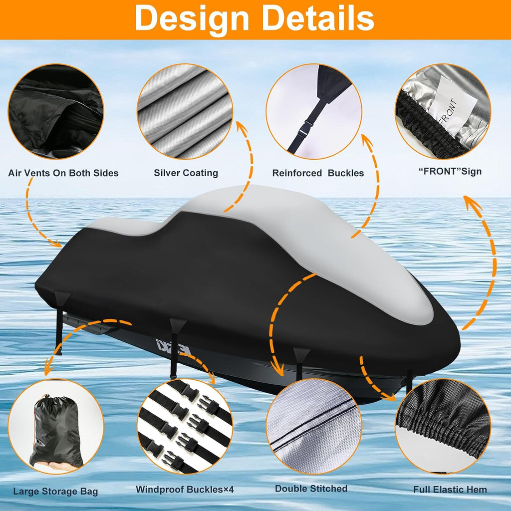 Jet Ski Cover 3 Seater,Upgraded 900D Heavy Duty Waterproof Waverunner Cover,2 Air Vent Marine Grade UV Resistant for Seadoo,Kawasaki,Waverunner Polaris from 136" to 145"(Black&Silver)