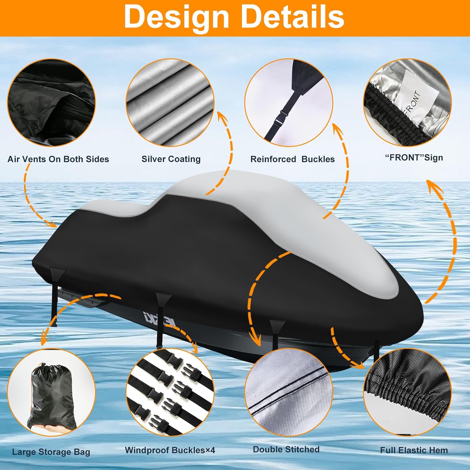Jet Ski Cover 3 Seater,Upgraded 900D Heavy Duty Waterproof Waverunner Cover,2 Air Vent Marine Grade UV Resistant for Seadoo,Kawasaki,Waverunner Polaris from 136" to 145"(Black&Silver)