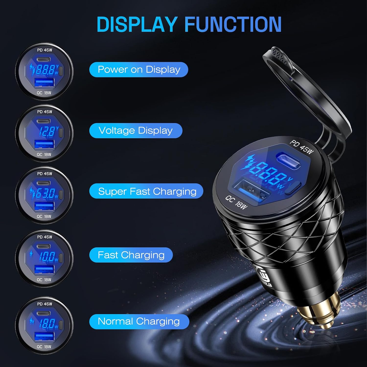 Din Hella Plug to USB Charger Adapter: 45W USB C PD3.0 & 18W QC3.0 Motorcycle Charger Outlet for 12V-24V BMW Triumph Tiger Ducati, Waterproof Dual Phone Fast Charge Port Powerlet with LED Voltmeter