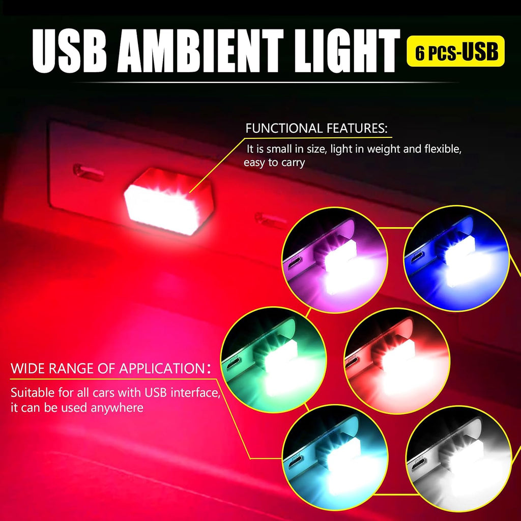 6 PCS USB LED Car Interior Atmosphere Lamp, Portable Mini Auto LED Decor Night Light, Plug-in USB Interface Ambient Lighting Kit, Universal Car Interior Accessories (6 Colors)
