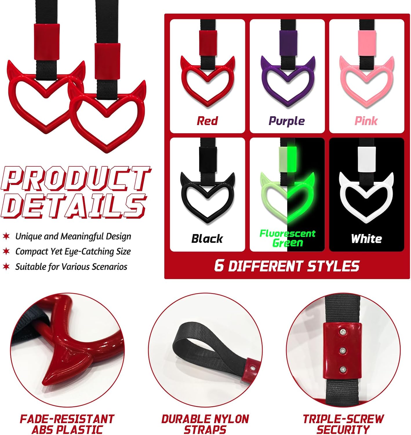 2 Pcs Devil Heart Shaped Car Handle Strap – Drift Charm Rear Bumper Warning Ring Decor for Car Interior Exterior, Subway Bus Handle Accessory, Cute Heart Car Decor Gift for Drivers (Red)