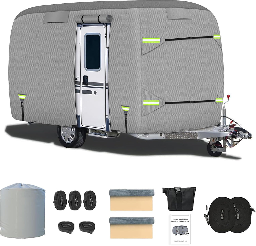 Fiberglass Travel Trailer Cover, Upgraded 8 Layers Top Fits 11 to 13 Feet Trailers, Waterproof Camper Cover, RV Cover with Extra Windproof Ropes, Adhesive Repair Patche