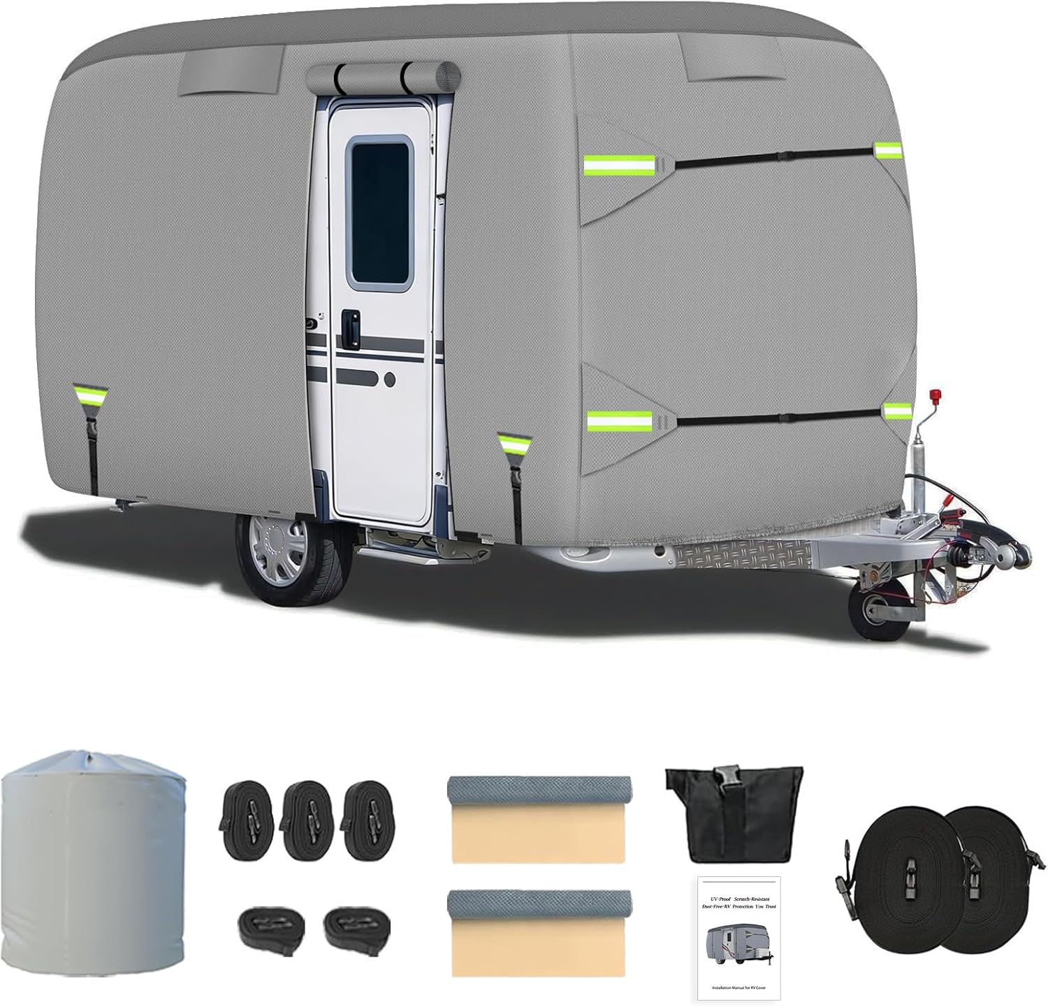 Fiberglass Travel Trailer Cover, Upgraded 8 Layers Top Fits 11 to 13 Feet Trailers, Waterproof Camper Cover, RV Cover with Extra Windproof Ropes, Adhesive Repair Patche