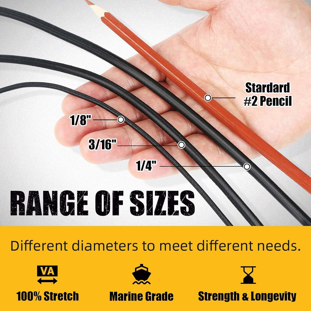 Marine Grade Bungee Cords Heavy Duty Outdoor - Bungee Cord Roll - 100% Stretch Elastic Cord and Absorbent Bungee Shock Cord for Kayak Deck, Camping, Crafting (1/4" x 100ft)