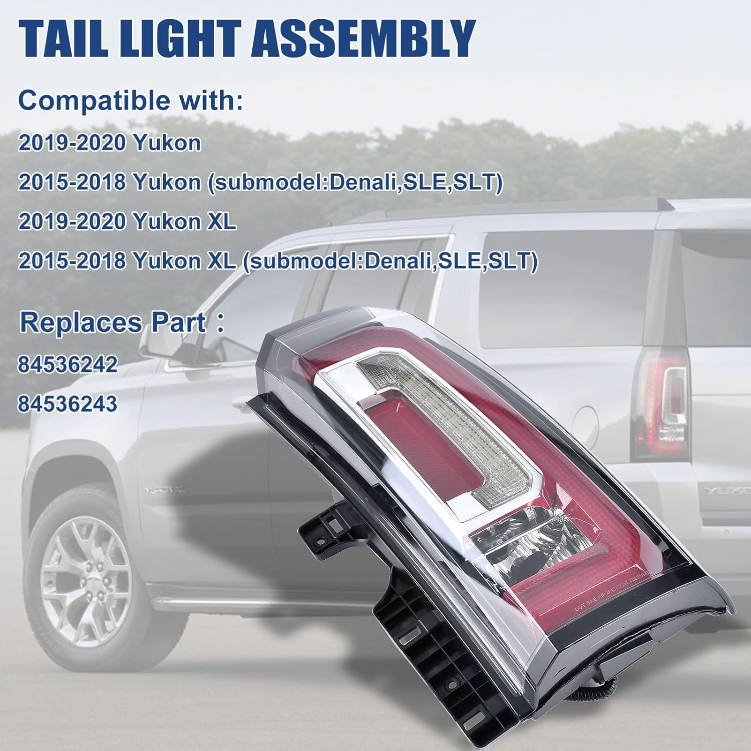 Tail Lights Assembly Compatible with GMC Yukon XL 2015 2016 2017 2018 2019 2020 LED Right Passenger Side Taillight Brake Turn Signal Assembly With Bulb Replaces 23380460 84536243 GM2801268