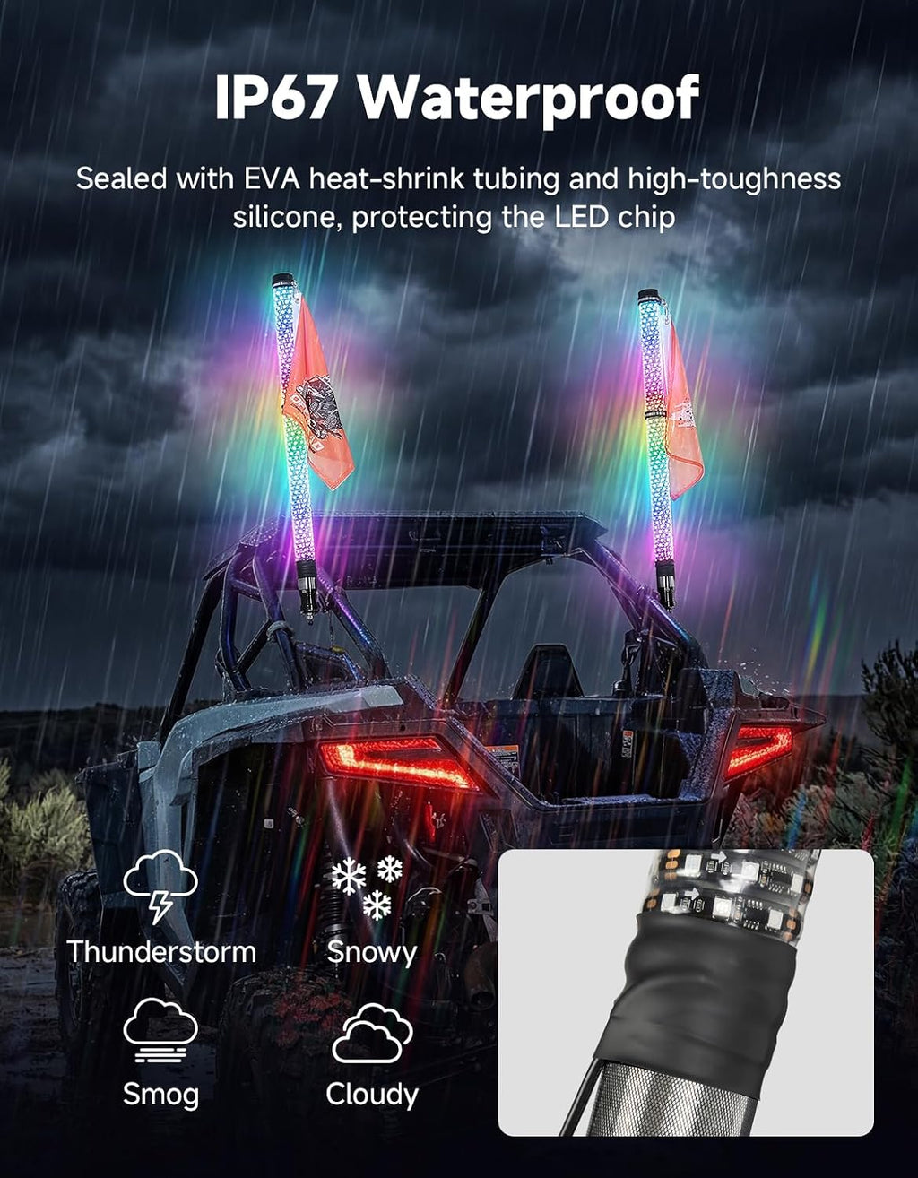 KEMIMOTO 2pc 3ft Fat Whip Lights for Side by Side, Turning Signal Function Compatible with Polaris RZR Can-Am Maverick X3, LED Whip Lights for UTV ATV Buggy Boat Offroad