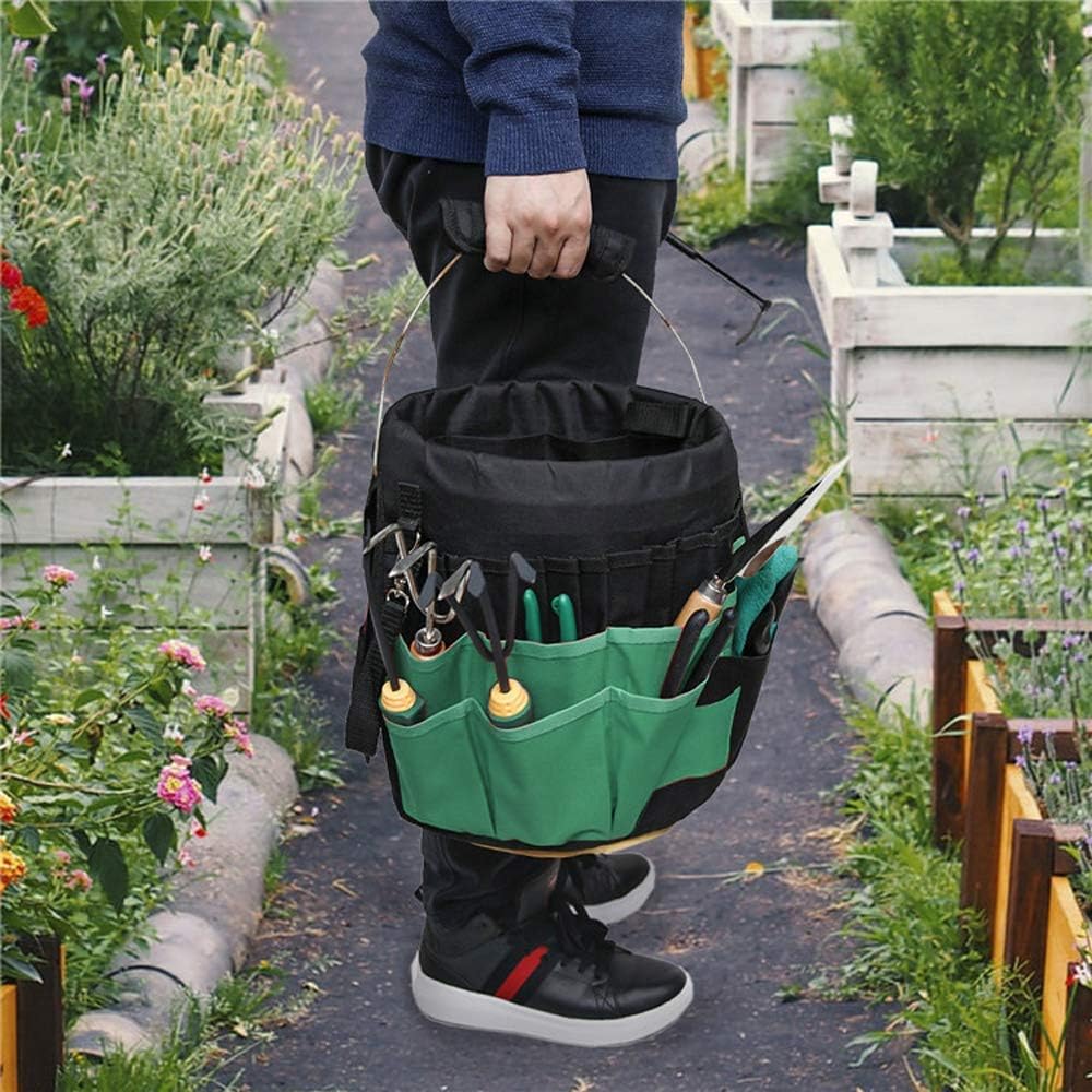 green gardening tools organizer 5 gallon bucket tools, close-up detail